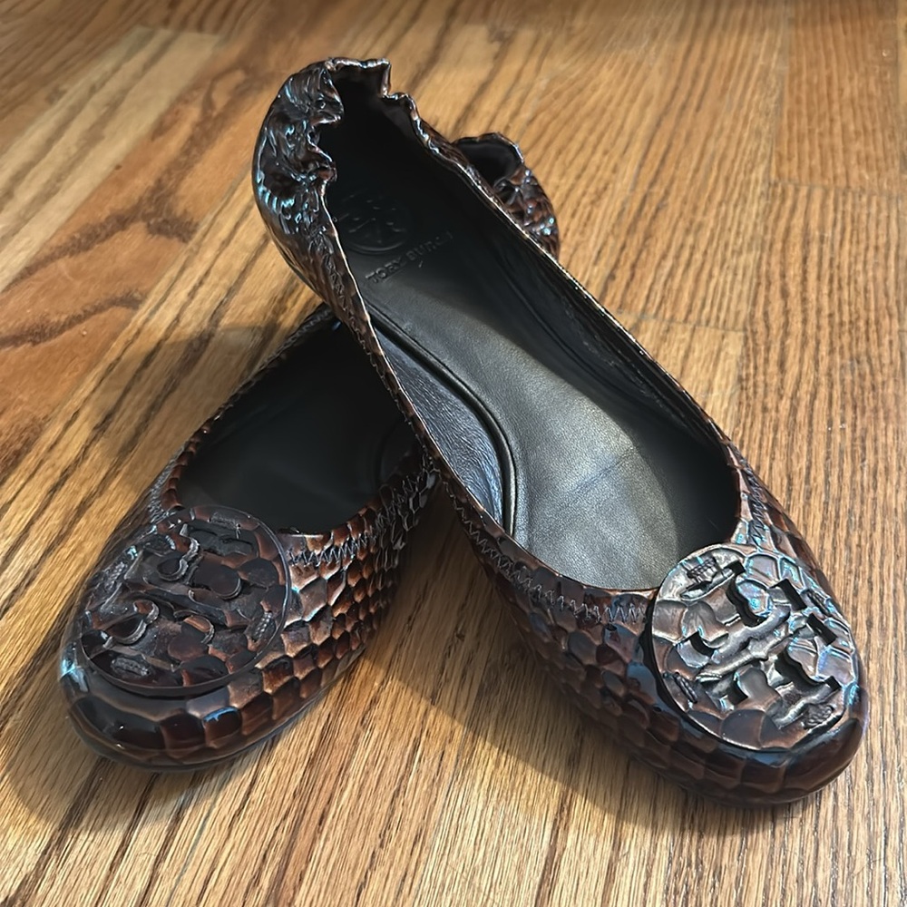 Tory Burch Reva Patent Leather Snakeskin Ballet Flats